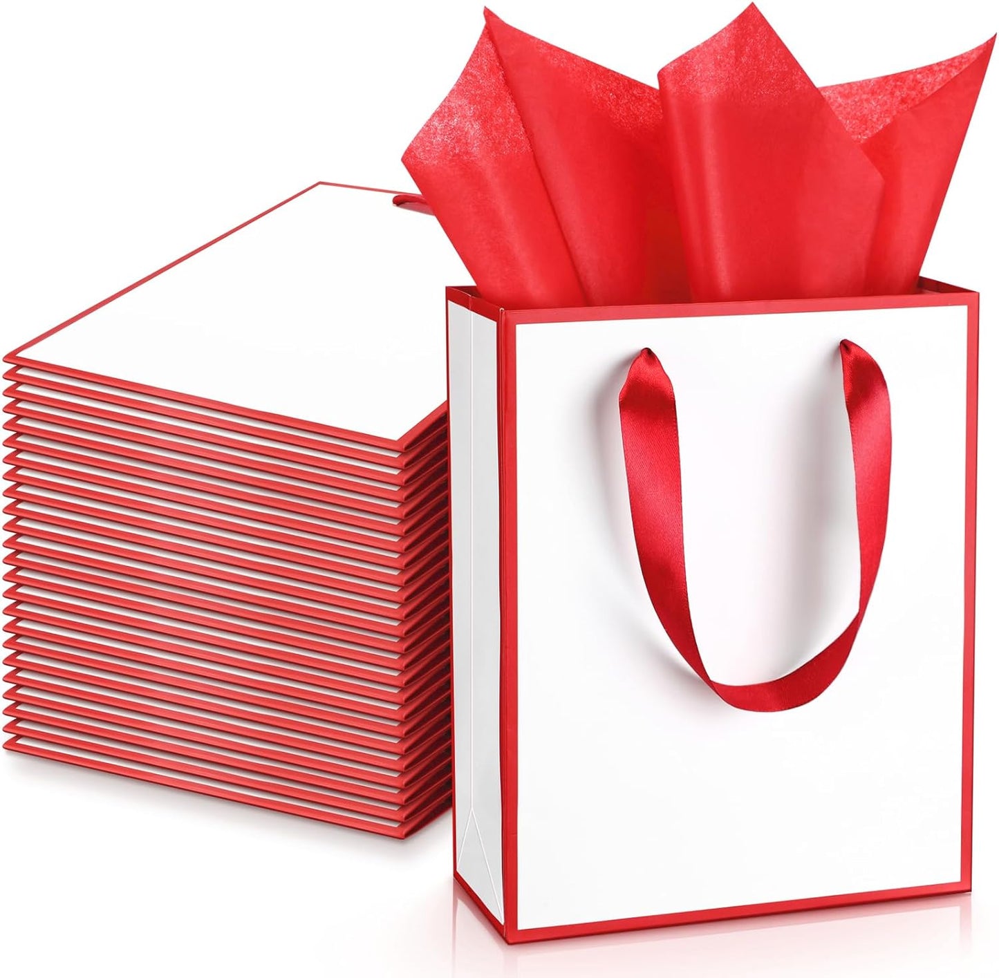 Yeaqee 24 Pack Metallic Paper Gift Bags with Handle and Tissue 9x7x3.1 Gold Foil Welcome Favor Bags Return Gifts for Wedding Fall 5 Senses Christmas Bridesmaid Birthday(White, Dark Red)