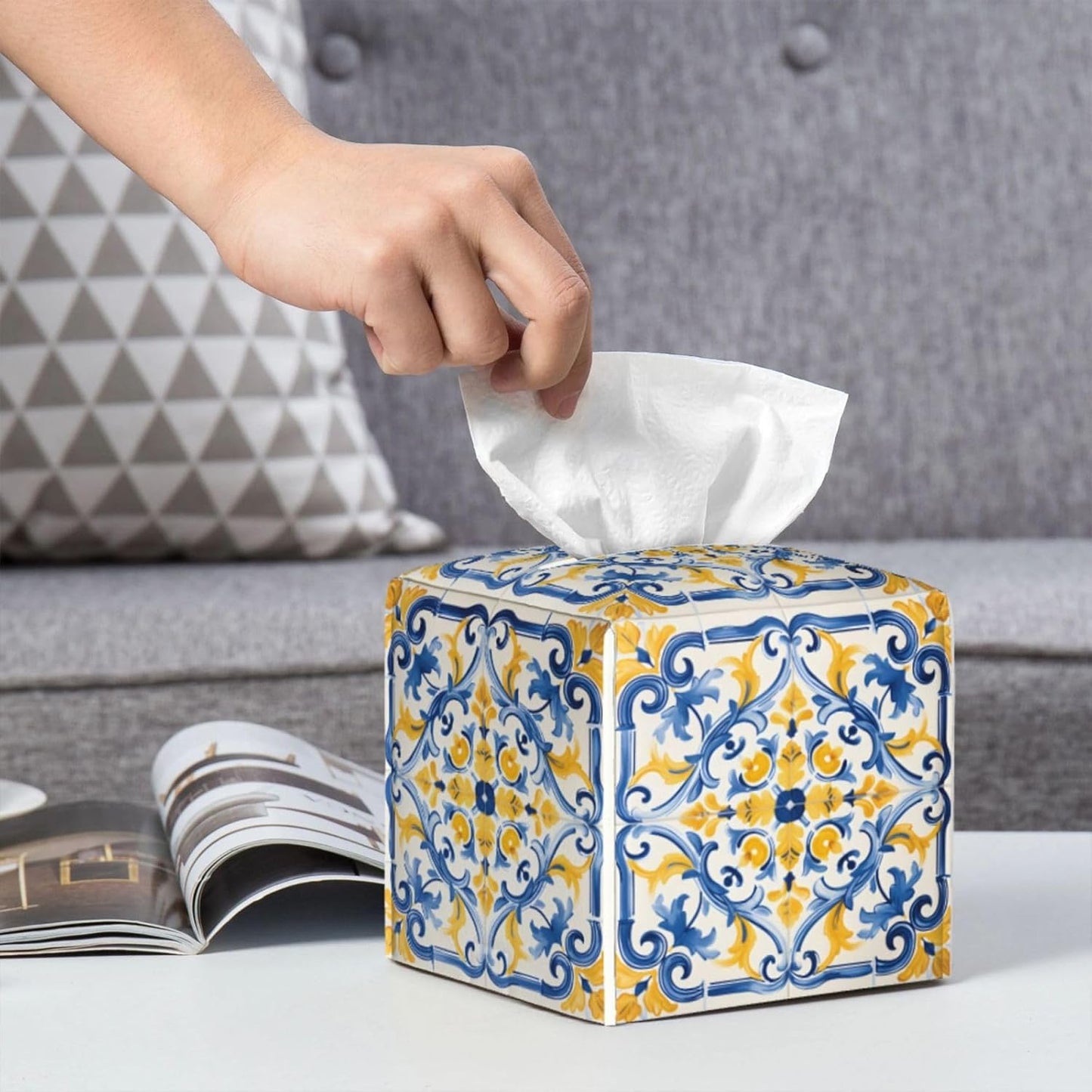 Tissue Box Cover Yellow Blue Ornament Tiles Square PU Leather Tissue Box Holder for Car Bathroom Bedroom Desk Tabletop Decor