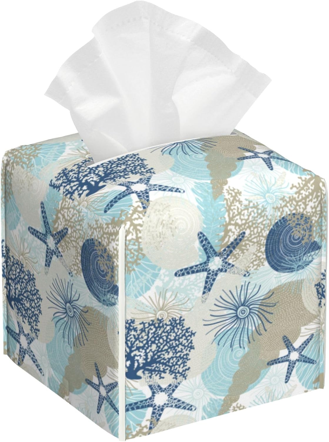 Tissue Box Holder Corals and Seashells Tissue Box Cover Square Leather Tissue Holder Organizer Portable Decorative Facial Paper Case for Home Office Bathroom Vanity Countertop