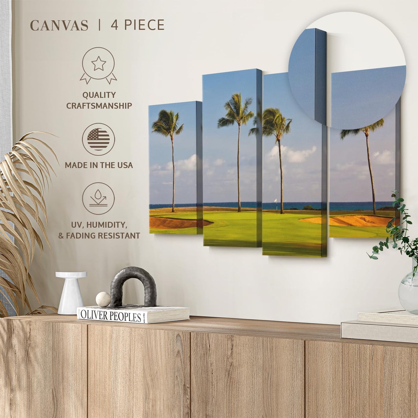 Elephant Stock Hawaiian Golf Course Wall Art - Horizontal Canvas - 4-Piece Living Room Wall Decor - Photography Sports Canvas Print - Green and Yellow Decor for Wall - 68" X 42"