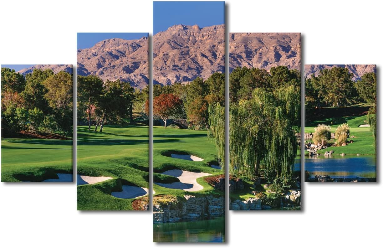 5 Panel American Golf Course Wall Art Canvas Prints Shadow Creek Golf Course Wall Decor Poster Gallery Wrap Modern Home Decor for Living Room Bedroom Wall Decorations Framed Ready to Hang - 60"Wx40"H
