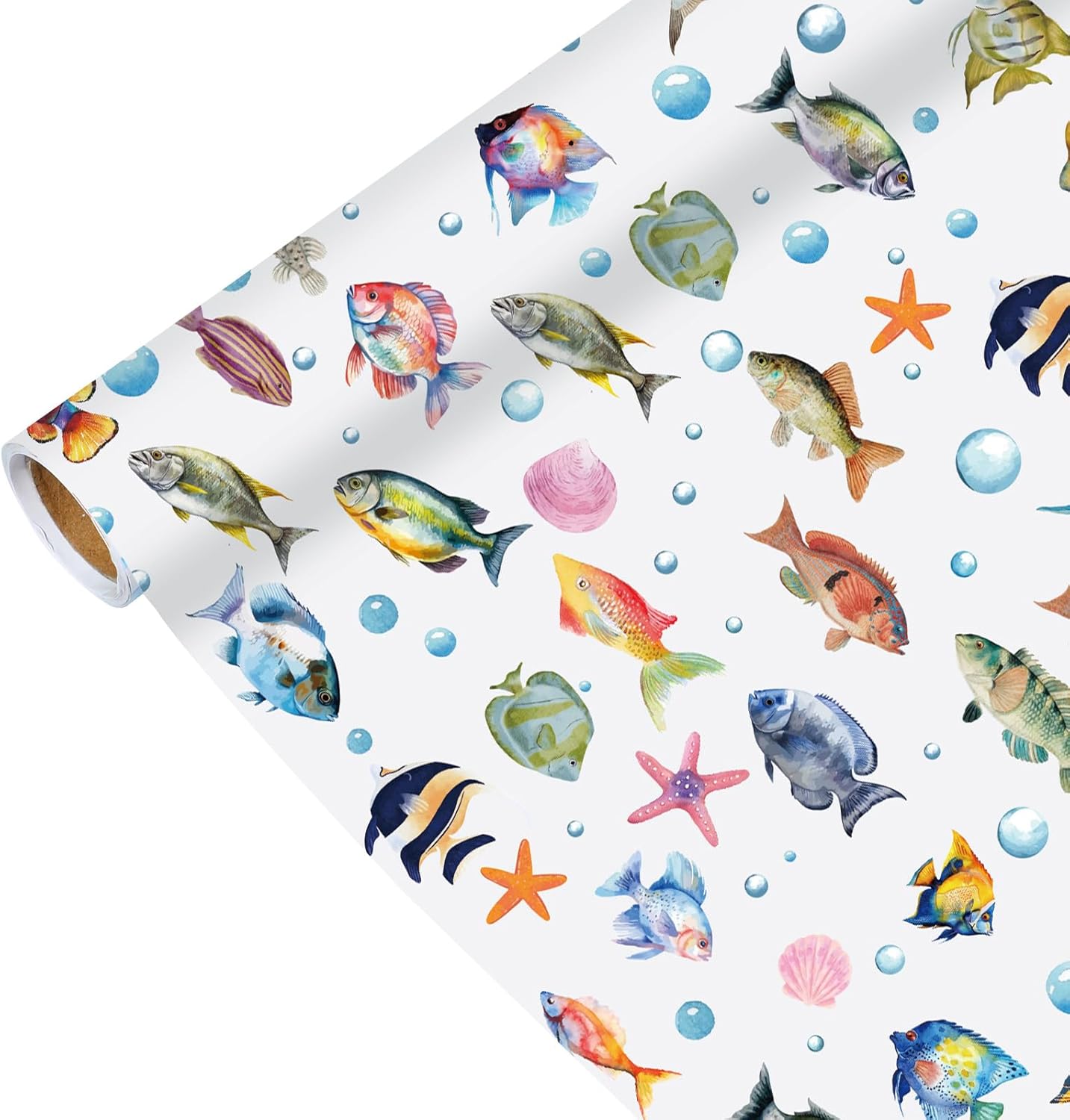 Fish Wrapping Paper Roll - Watercolor Colorful Ocean Theme Gift Wrap for Beach Parties,Birthdays,Baby Showers,17Inch x16.4Feet