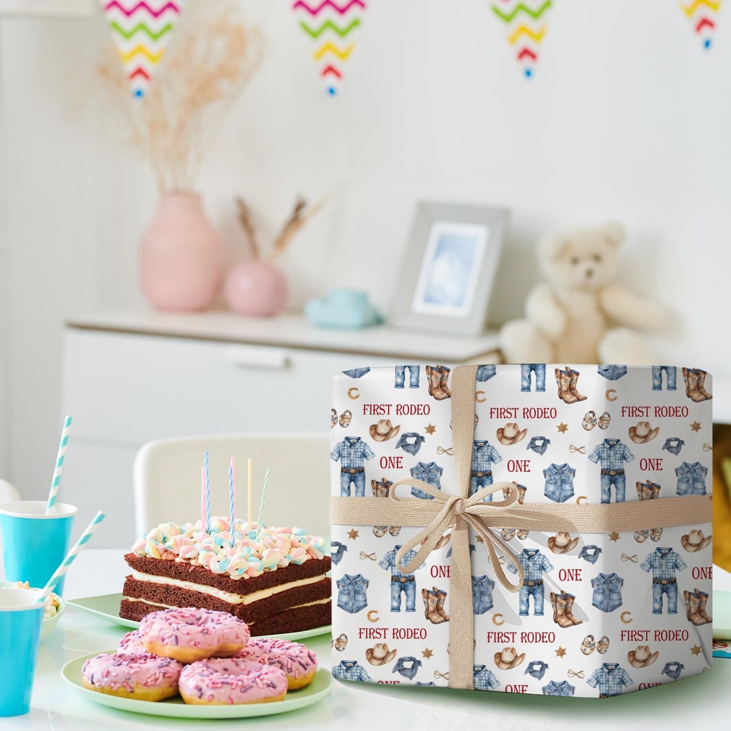 MJSXY Cowboy Wrapping Paper for Boy, My First Rodeo Party Favors with White Cowboy Theme for 1st Birthday, 5 Sheets Western Wrapping Paper 19.6x27.5 Inch, Western Themed Party Decorations