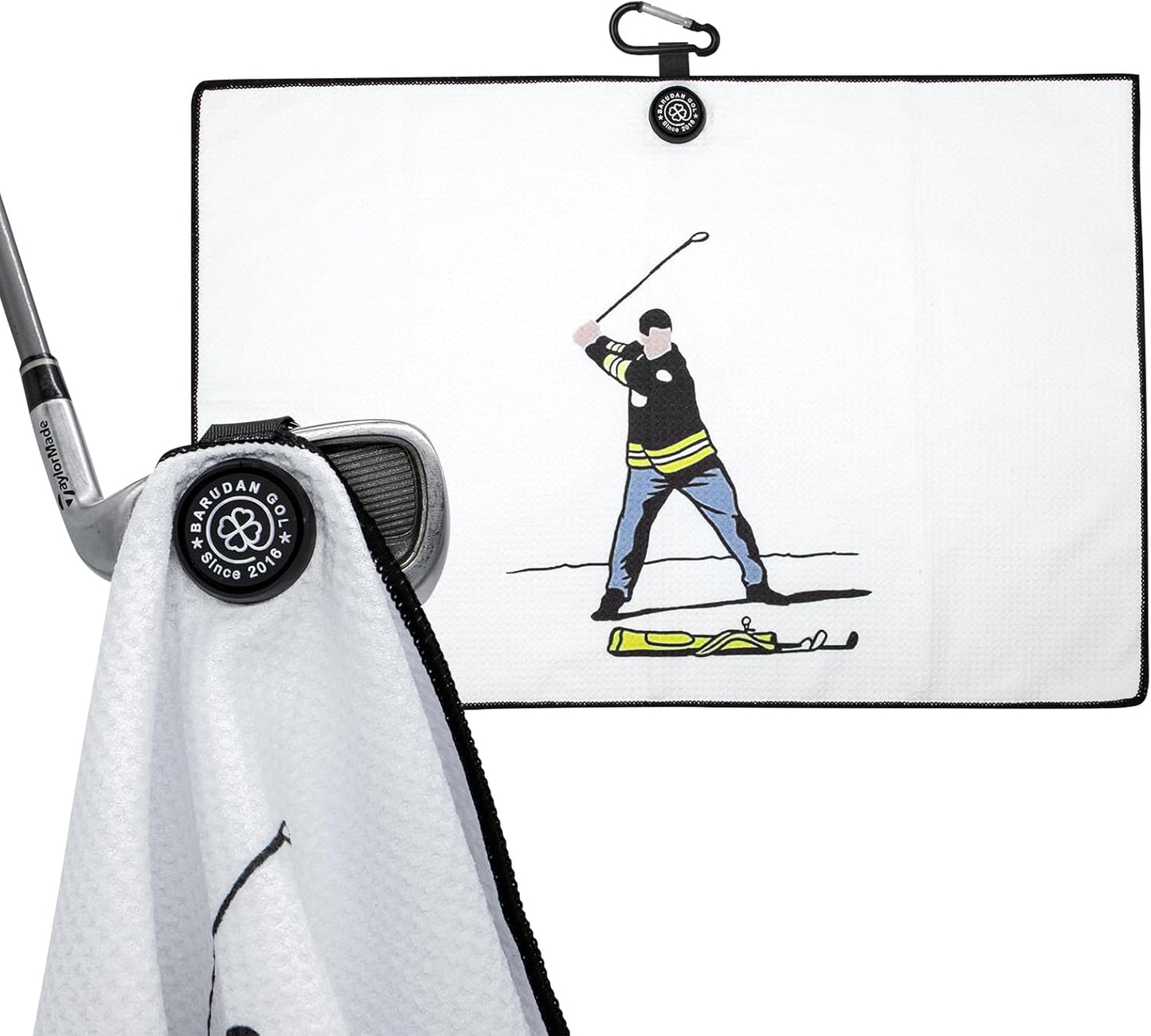 Magnetic Golf Towel for Men Women Golfer - Microfiber Golf Towel Magnet with Waffle Texture - Strengthen Magnet Golf Towels for Strong Hold to Metal Objects ((2.White w/Golfer))