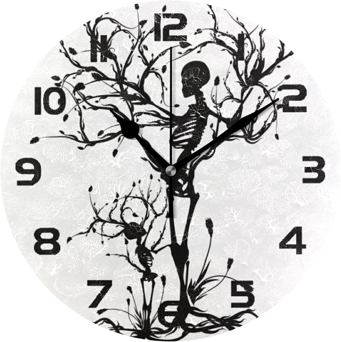 Skull Skeleton Tree Wall Clock Silent Non-Ticking,Halloween Gothic 9.5 Inch Round Wall Clock Battery Operated Clock Decor for Home Wall Bathroom Kitchen Bedroom Living Room Office Classroom Patio