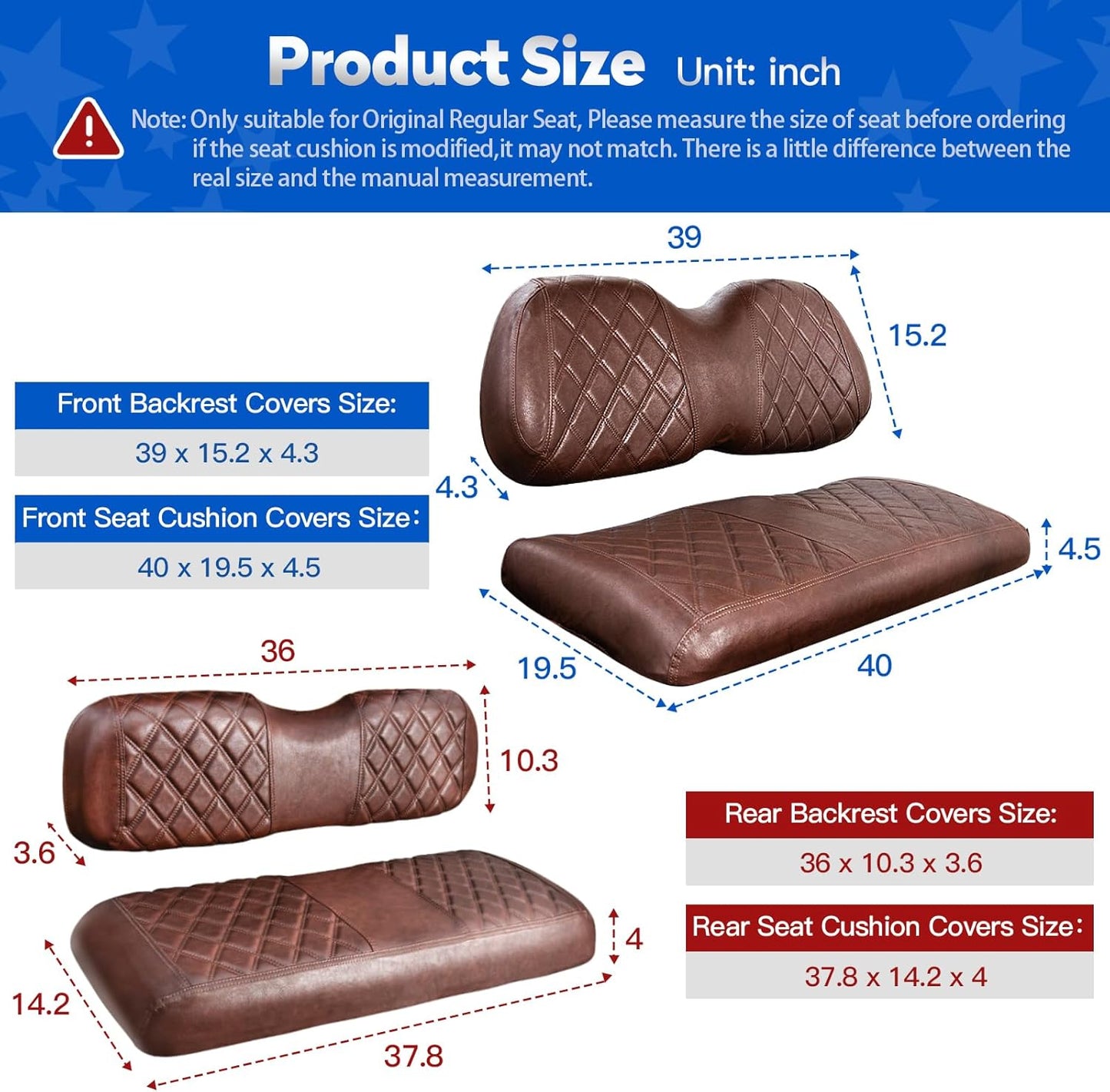 NOKINS 4PCS Golf Cart Seat Covers Kit, Front and Rear Seat Covers Fits Club Car Precedent Standard Seat Cushion, Club Car Vinyl Seat Covers Accessories, No Staples (Brown Brown 8438)