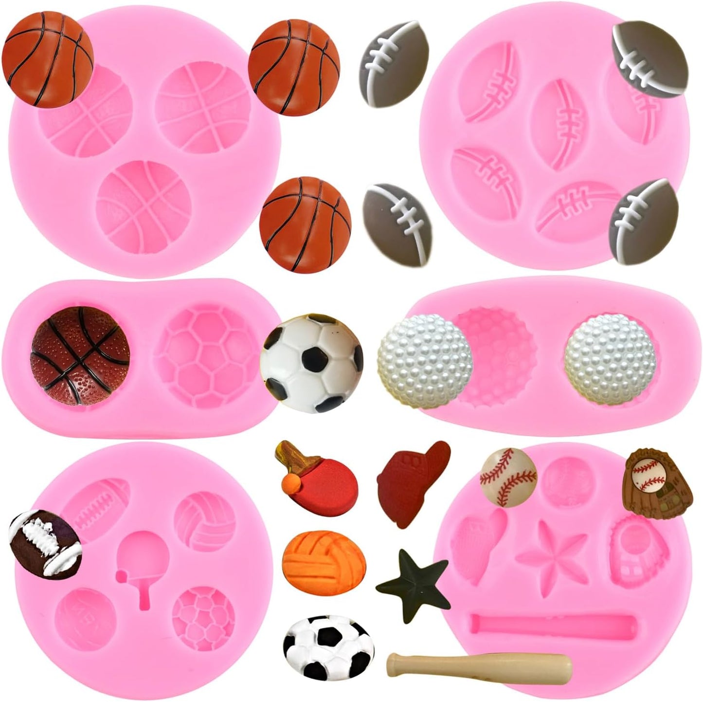 ZiXiang Ball Silicone Molds Baseball Basketball Football Golf Rugby Table Tennis Fondant Mold For Sugar Cake Decorating Cupcake Topper Candy Chocolate Gum Paste Polymer Clay Set Of 6