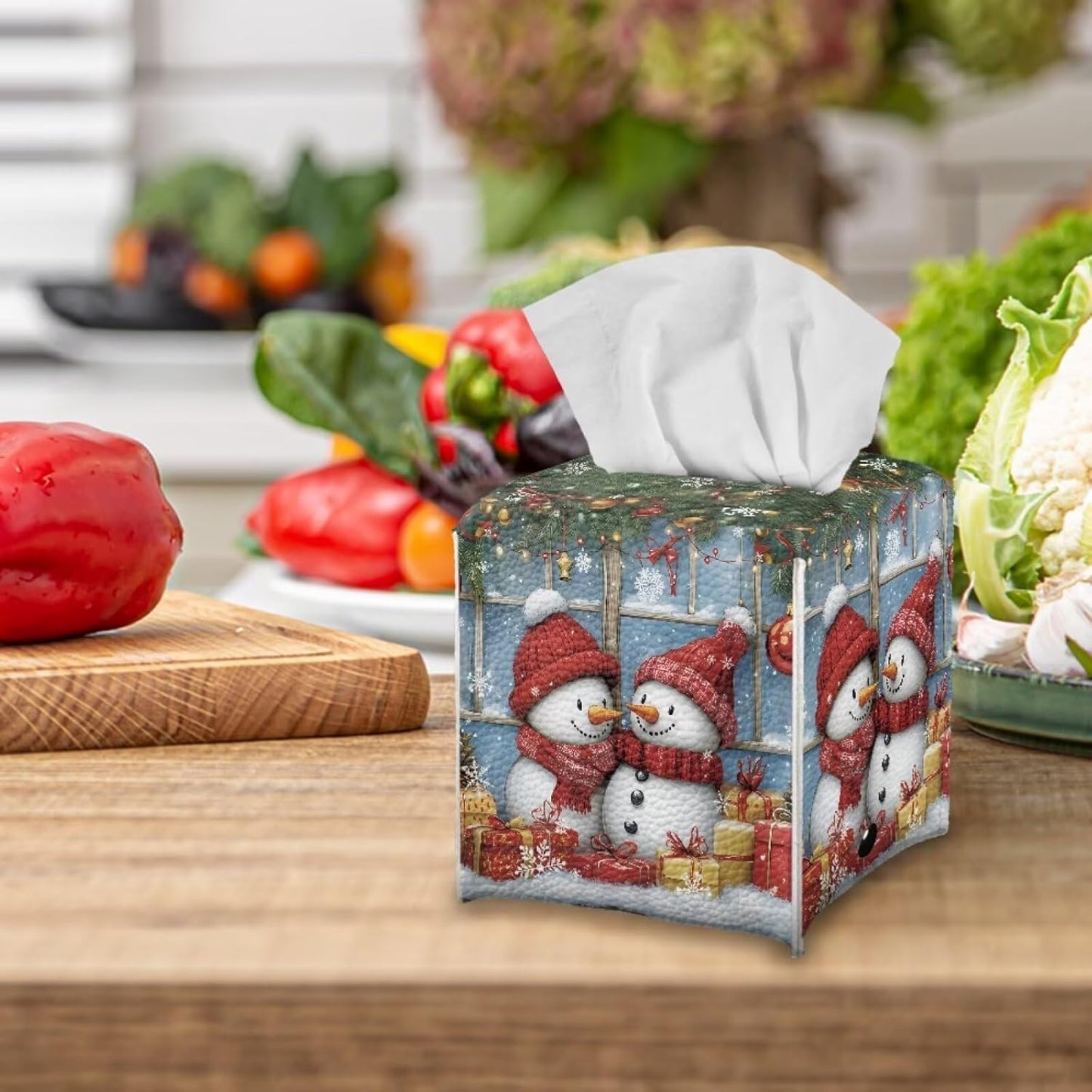 Christmas Tissue Box Cover Square Leather Tissue Cover 5x5x5 inch Facial Paper Box Holder Xmas Decorations for Desk Bathroom Vanity Countertop