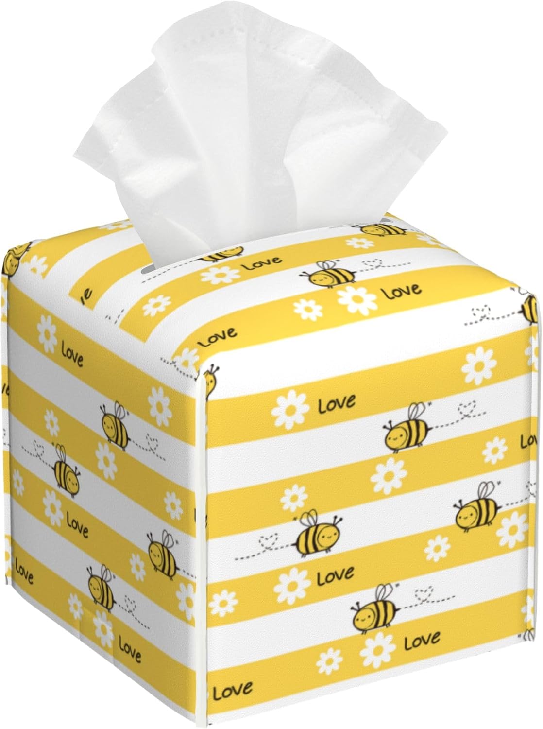 Cute Bees and Daisy Flowers Tissue Box Cover Square,Yellow Bee Daisies Love Tissue Box Holder Waterproof Leather Facial Paper Organizer Dispenser for Bathroom Home Car Nightstand Vanity Desk