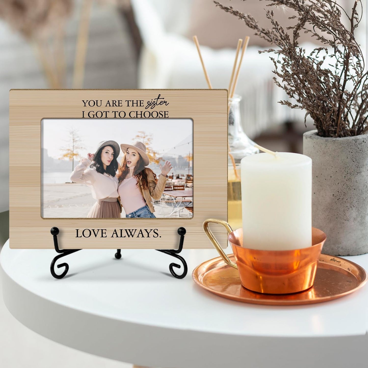 Sisters Picture Frame, Wooden Photo Frame with Stand, Friendship Gifts Birthday Gifts for Women Sister Bestie Friends, Home Office Desk Decor Photo Frame Tabletop Display -xk28