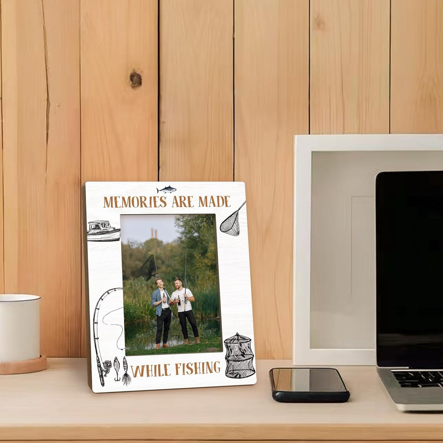 Fishing Picture Frame 5x7, Holiday Decor Photo Frame, FishingGifts for Fisherman Friends Men Dad Grandpa, Memories are Made While Fishing Wooden Picture Photo Frames for Desk Home Room Decor
