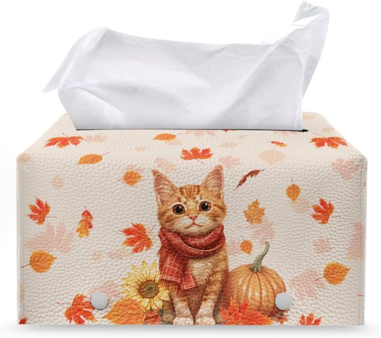 Fall Leather Tissue Box Cover Cute Cat Sunflower Pumpkin Tissue Box Covers Cube Tissue Box Holder Rectangular for Bathroom Home Decorations for Dining Room