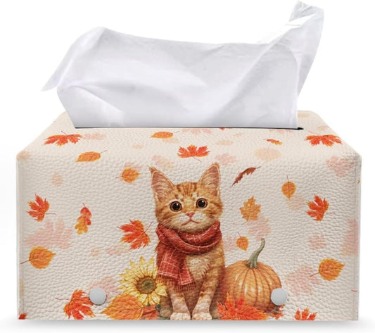 Fall Leather Tissue Box Cover Cute Cat Sunflower Pumpkin Tissue Box Covers Cube Tissue Box Holder Rectangular for Bathroom Home Decorations for Dining Room