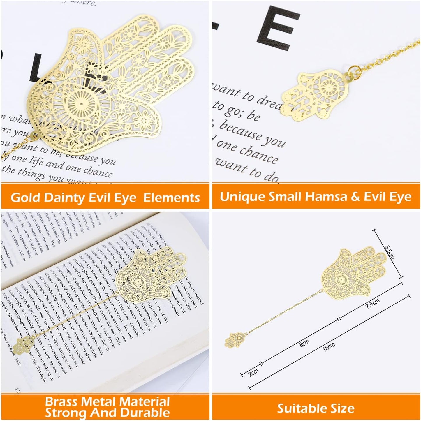Metal Bookmarks with Chain, Golden Hollow Bookmark, Book Marks for Reading Women, Unique Evil Eye Book Mark, Hamsa Evil Eye Gifts for Book Lovers Writers Readers Children Teens Men Women Adults