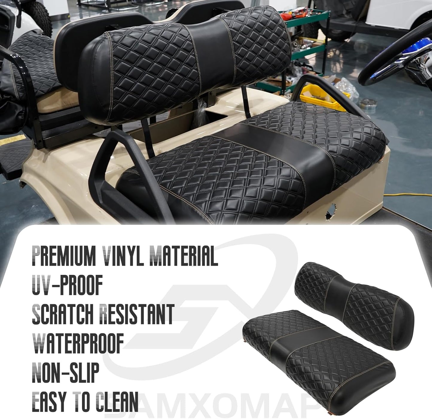 Golf Cart Seat Covers for Club Car DS 2000.5+ Front OEM Universal Seat Cushion, Marine Grade Vinyl Leather Club Car DS Seat Covers/Easy to Install-Black (2PCS)