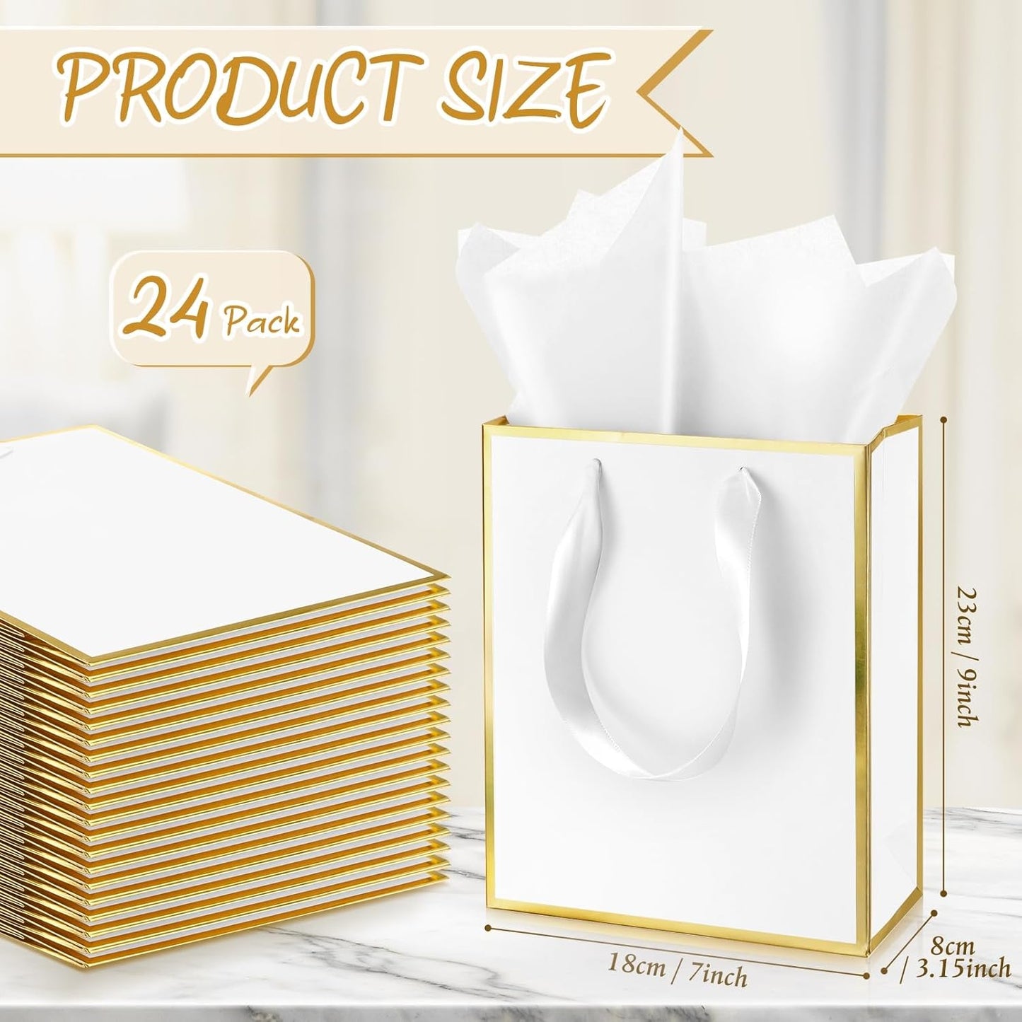 Yeaqee 24 Pack Metallic Paper Gift Bags with Handle and Tissue 9x7x3.1 Gold Foil Welcome Favor Bags Return Gifts for Wedding Fall 5 Senses Christmas Bridesmaid Birthday(White Gold)