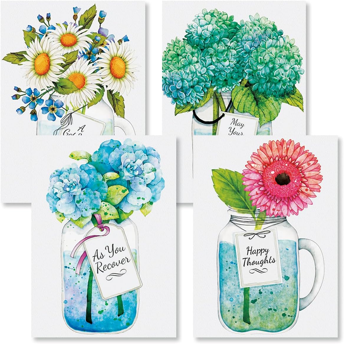 Mason Jar Get Well Greeting Cards - Set of 8 (4 Designs), Large 5" x 7", Sympathy Cards with Sentiments Inside, White Envelopes