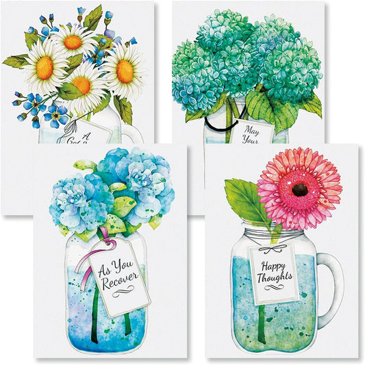 Mason Jar Get Well Greeting Cards - Set of 8 (4 Designs), Large 5" x 7", Sympathy Cards with Sentiments Inside, White Envelopes