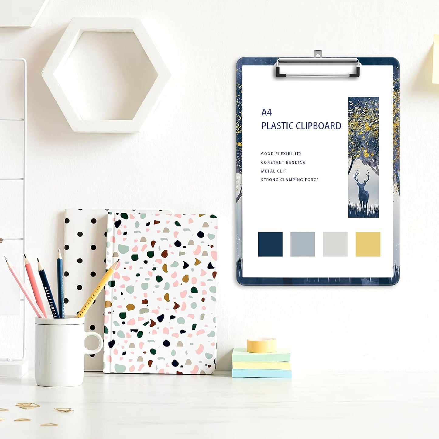 Plastic A4 Clipboards, Cute Clip Board Stardard Letter Size 9 x 12.5 in, Office Decorative for Students Women Men and Kids, Jungle Deer