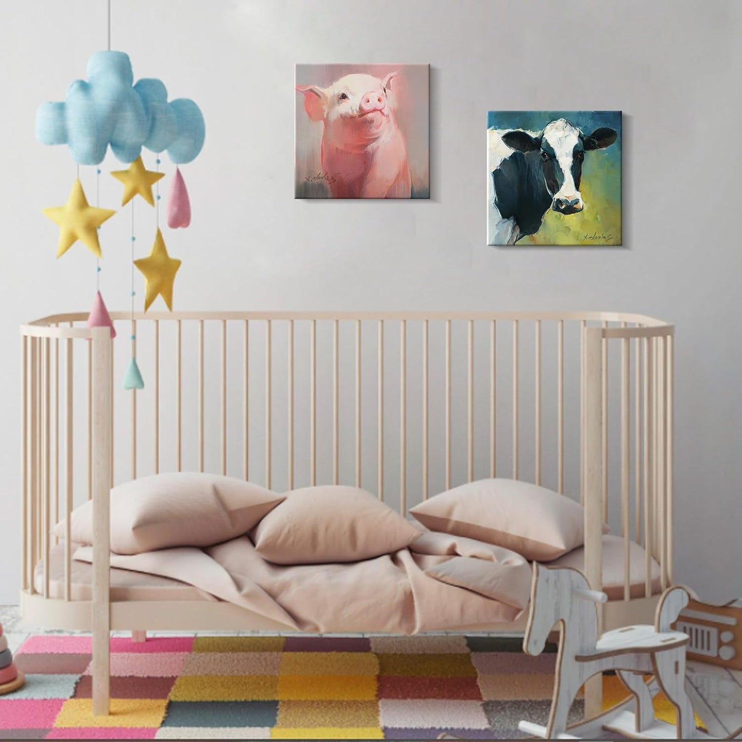 JZLDZS Cute Pink Pig Wall Art for Bathroom Nursery Decor, 12x12 Inch Ready to Hang Framed Farm Animal Canvas Print for Pig Lovers