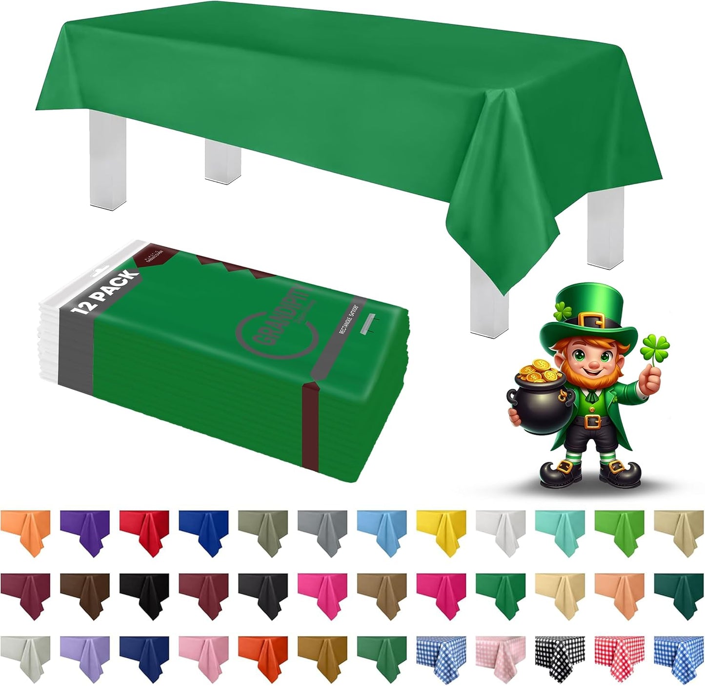 Grandipity 12 Pack Premium Disposable Plastic Tablecloth 54 Inch. x 108 Inch. Decorative Rectangle Table Cover - Green