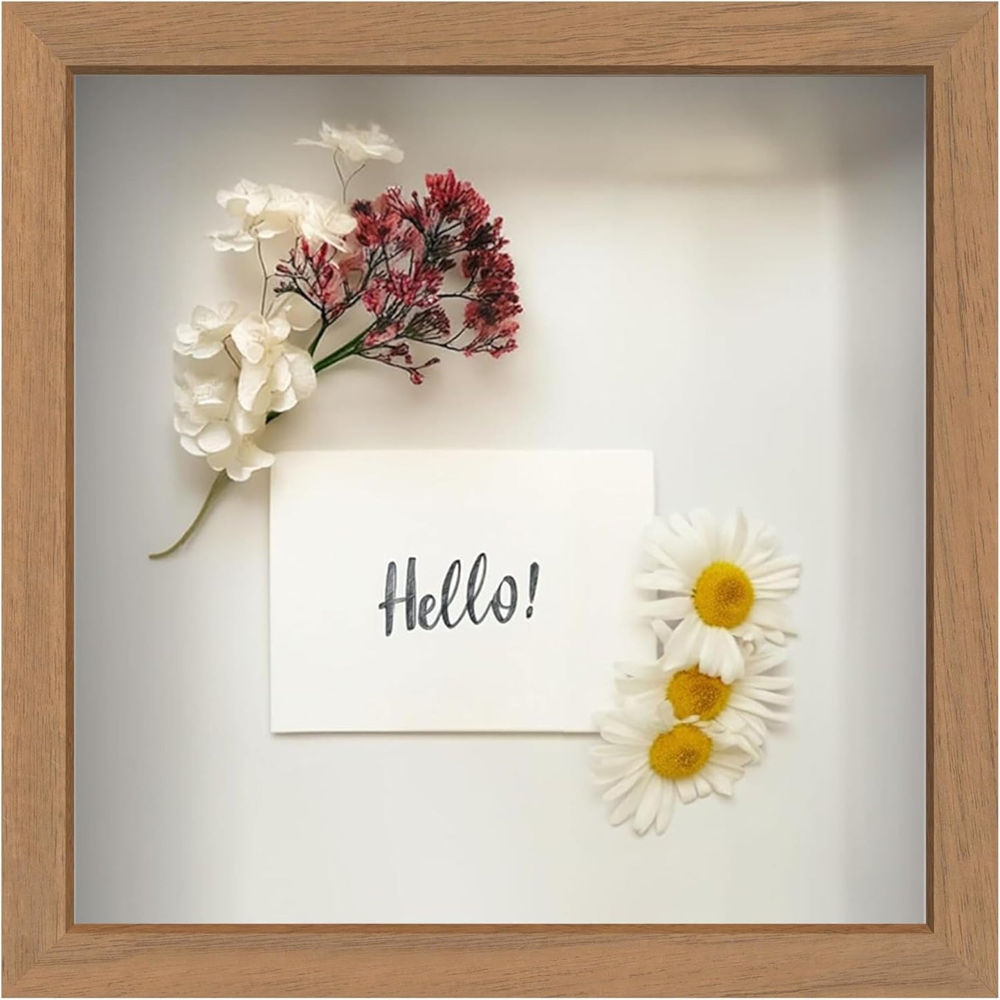 FrameWorks 11” x 11” Golden Oak Wooden Shadow Box Frame – Display Case with Soft Felt Back, Memory Box with Tempered Glass, Display Box with Elegant White Ball Push Pins, Wooden Flower Box