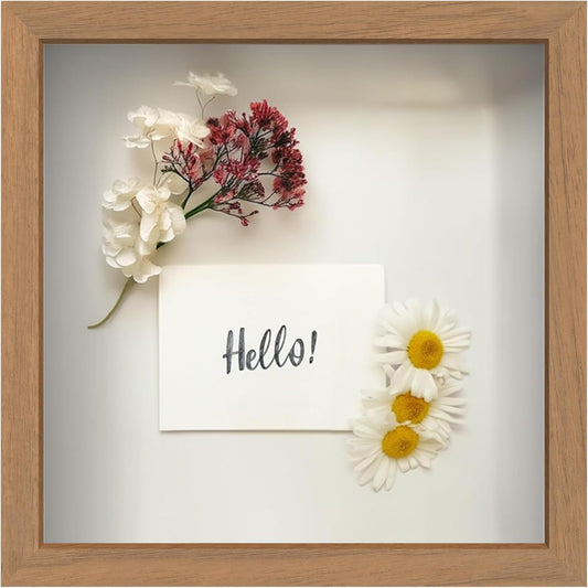 FrameWorks 11” x 11” Golden Oak Wooden Shadow Box Frame – Display Case with Soft Felt Back, Memory Box with Tempered Glass, Display Box with Elegant White Ball Push Pins, Wooden Flower Box