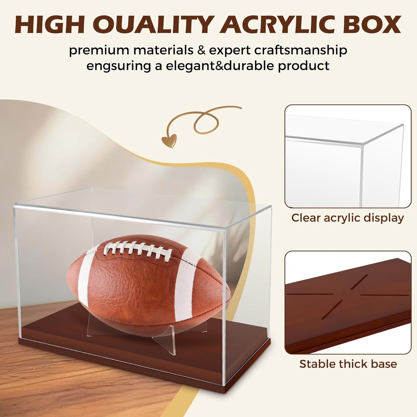 Full Size Football Display Case, Acrylic Football Case Display Case Autographed Football Holder, Acrylic Transparent Box with Wooden Support and Solid Wood Base