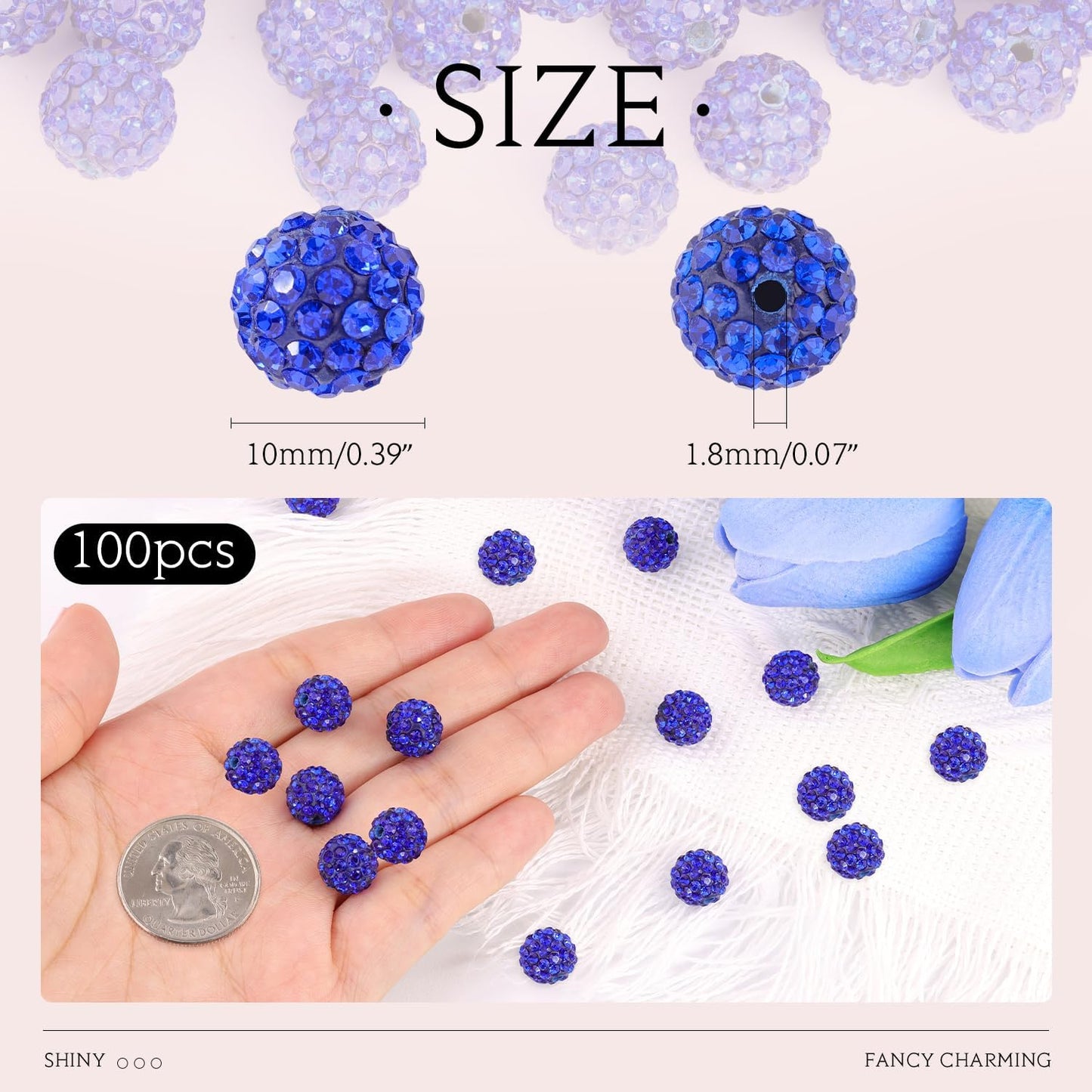 100 pcs 10mm Rhinestone Beads for Jewelry Making, Dark Blue Shiny Round Shamballa Disco Beads Bulk, Sparkle Crystal Clay Christmas for Bracelet Baseball Necklace Earring Crafting and DIY