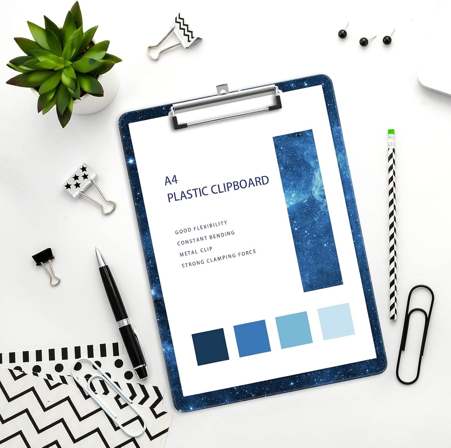 Plastic A4 Clipboards, Cute Clip Board Stardard Letter Size 9 x 12.5 in, Office Decorative for Students Women Men and Kids, Blue Starry Sky