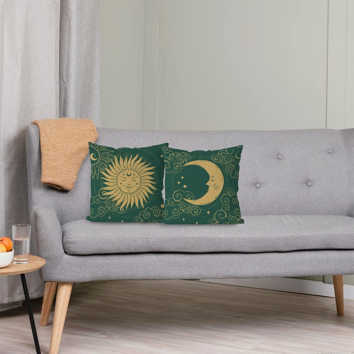KEUSPI Moon Sun Pillow Cover Retro Boho Green Astrology Tarot The Sun and Moon Mysterious Throw Pillow Cover,Green Sun and Moon Decor Astrology Decor Pillow Covers 18x18 Set of 2