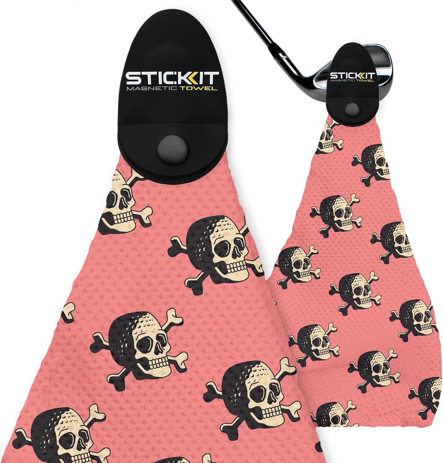 STICKIT Magnetic Golf Towel with Pink Skulls | Top-Tier Microfiber Golf Towel with Deep Waffle Pockets | Industrial Strength Magnet for Strong Hold to Golf Carts or Clubs