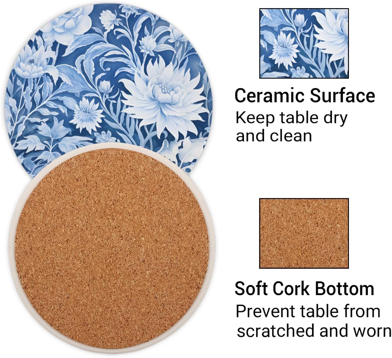 Ceramic Coasters for Drinks with Cork Back, Cyan White Floral 4 Inch Absorbent Coaster Set 1 Pack, Quick Dry Non-Slip Coaster Mats for Home, Office, Bar