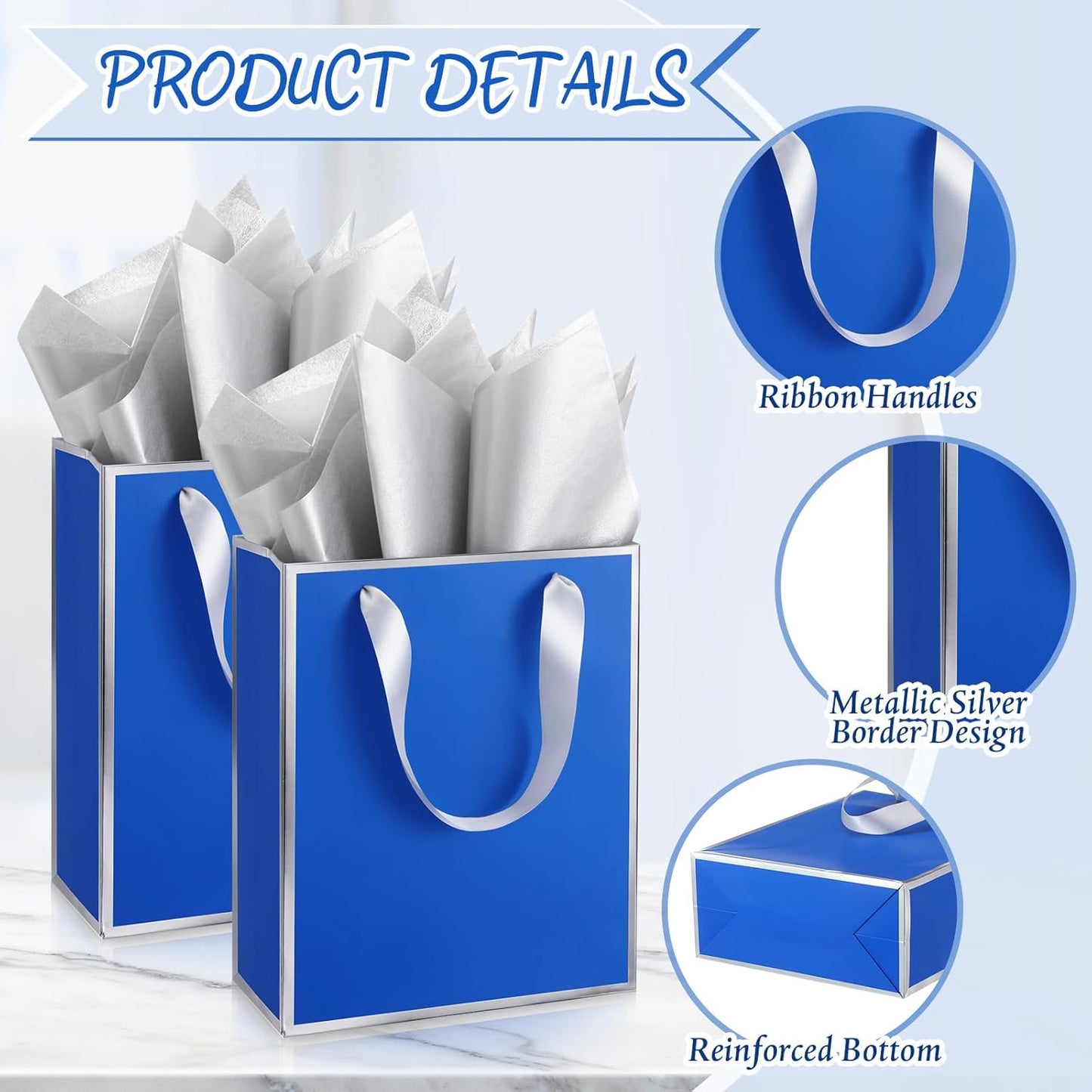 Yeaqee 24 Pack Metallic Paper Gift Bags with Handle and Tissue 9x7x3.1 Gold Foil Welcome Favor Bags Return Gifts for Wedding Fall 5 Senses Christmas Bridesmaid Birthday(Royal Blue,Silver)