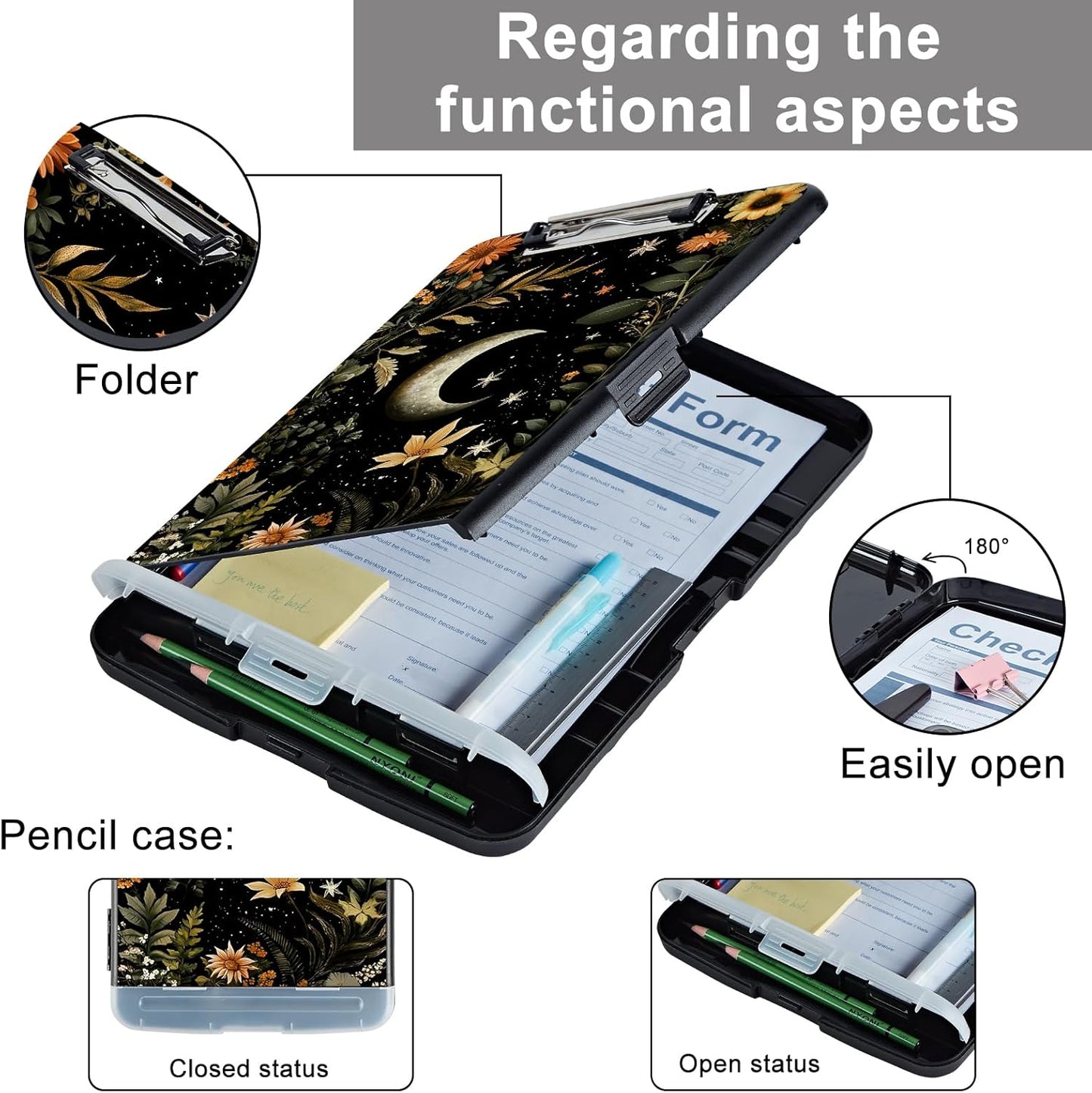 Clipboard with Storage - Large Capacity,Nursing Clipboard with Pen Holder,Heavy Duty,Plastic Side-Opening Folder for Teacher,Nurse - Moon and Flowers