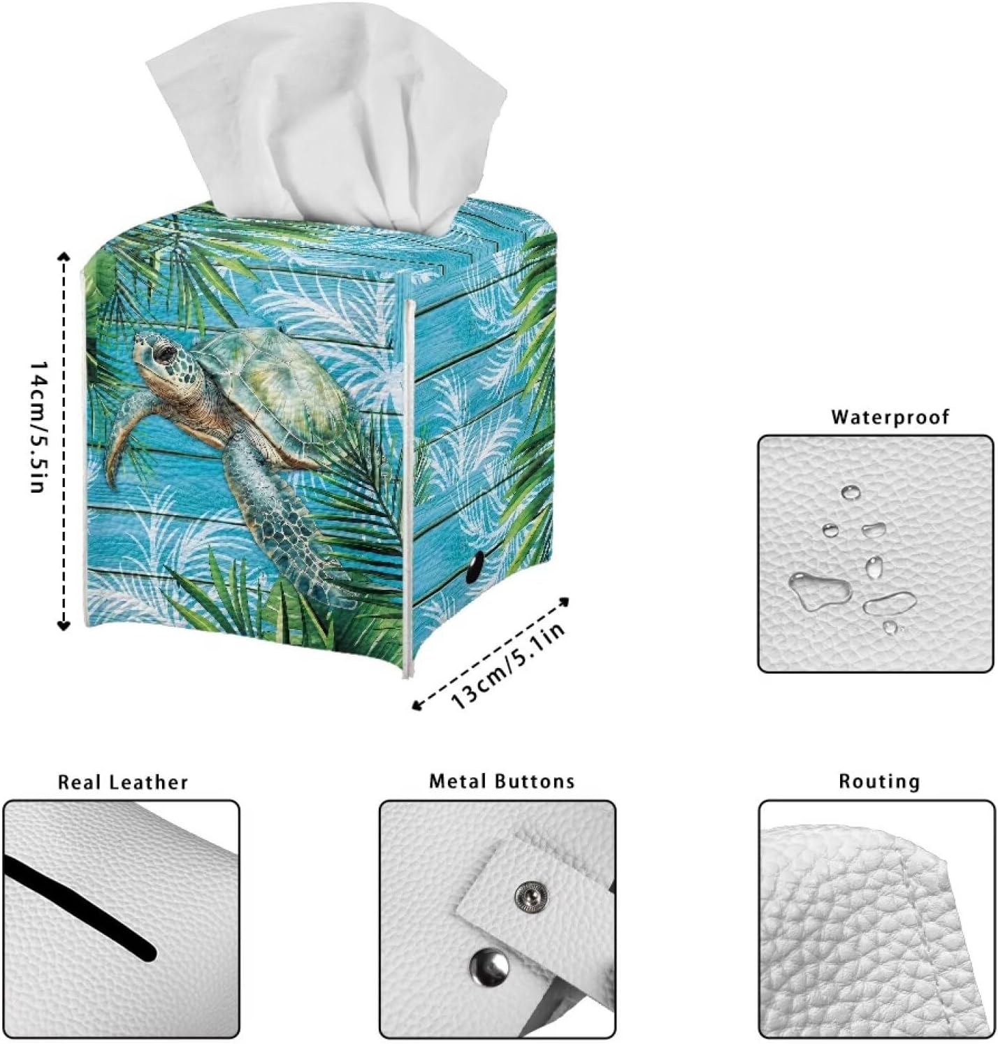 Sea Turtle Tissue Box Cover Waterproof Square PU Leather Facial Tissue Box Holder for Dresser Bathroom Decor Foldable Easy to Storage or Take