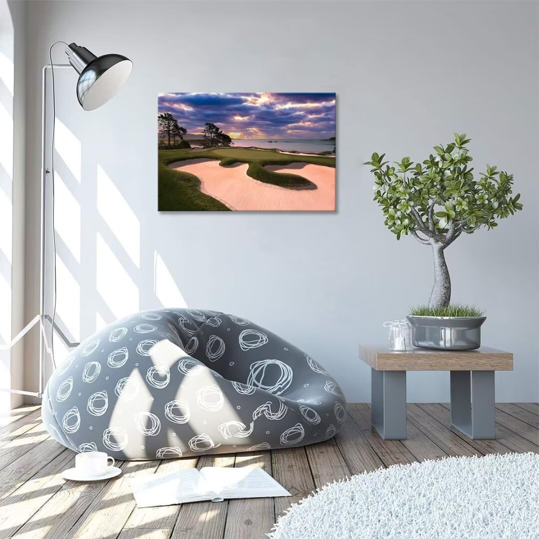 chenchenArt Pebble Beach Golf Course Wall Art for Living Room Bedroom Bathroom Home Decorations Golf Course Picture Poster Wall Decor for Office Canvas Prints Framed Ready to Hang(12''H x 16''W)