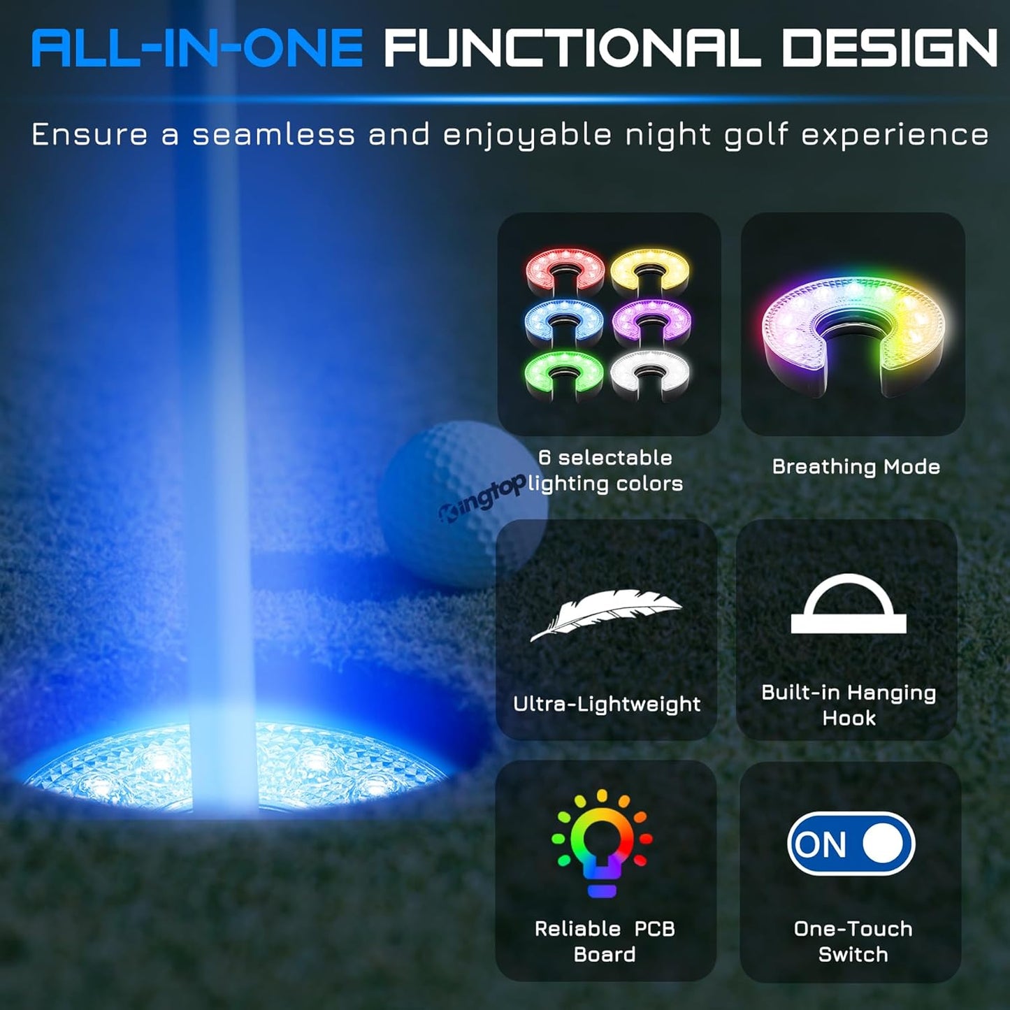 KINGTOP LED Golf Hole Light with Anti-Glare Lens - Battery Operated, Glow in The Dark Putting Cup Lights, Ideal for Night Golf, Backyard Practice Putting Green & Golf Parties