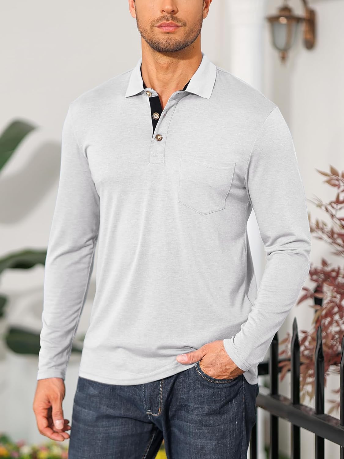 Mens Long Sleeve Polo Shirts Casual Moisture Wicking Golf Polo Shirts with Pocket