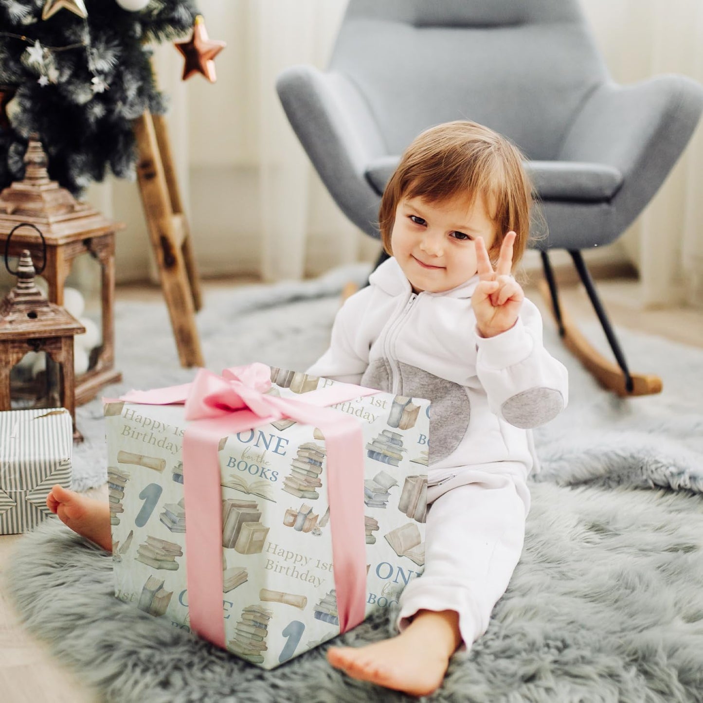 MJSXY Book Themed Party Decorations,1st Birthday Wrapping Paper,5 Sheets 19.6x27.5 Inch Wrapping Paper with Cute Books for Boy Girl First Birthday, Baby Shower Gifts