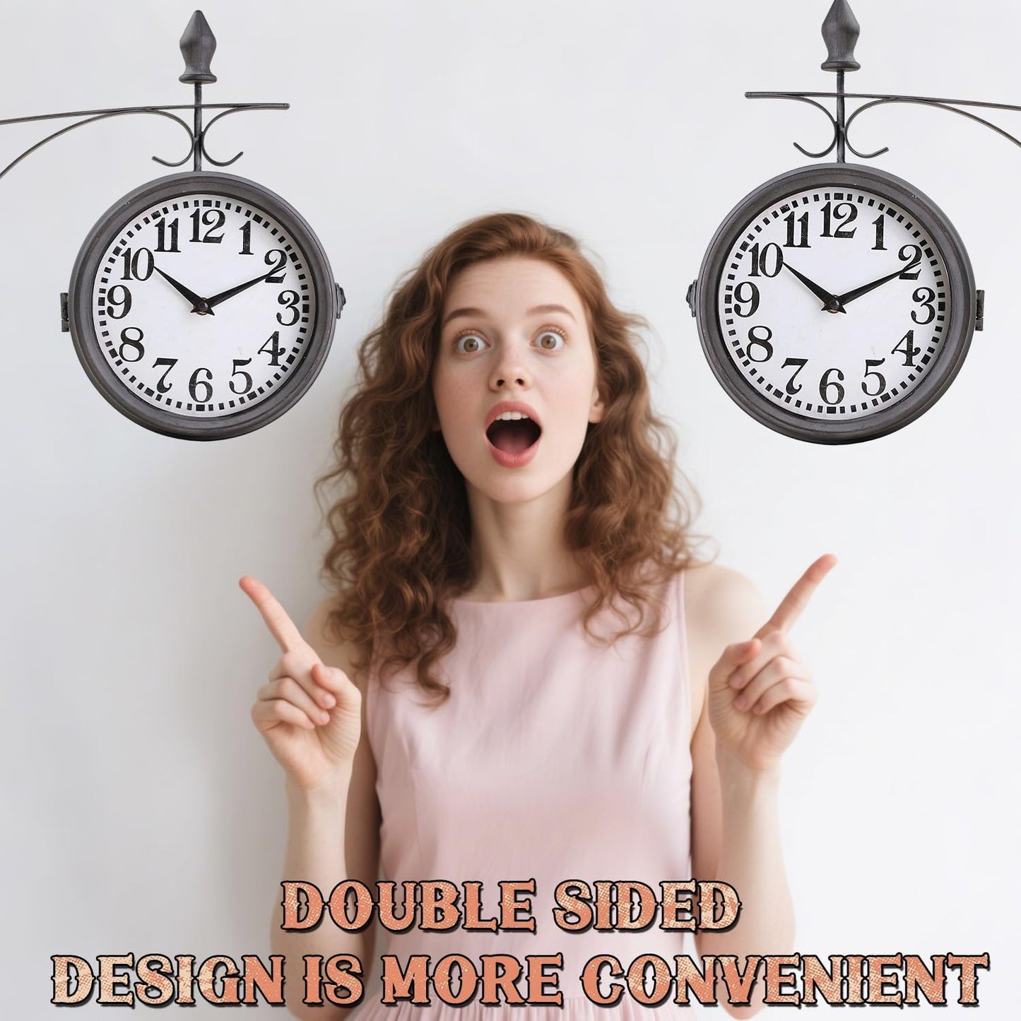 Metal Double Sided Hanging Clock with Retro Grey Sturdy Frame,Glass Lens,Silent Quartz Movement, Indoor/Outdoor Double-Sided Decorative Wall Clock for Home Décor Farmhouse Station Office Garden