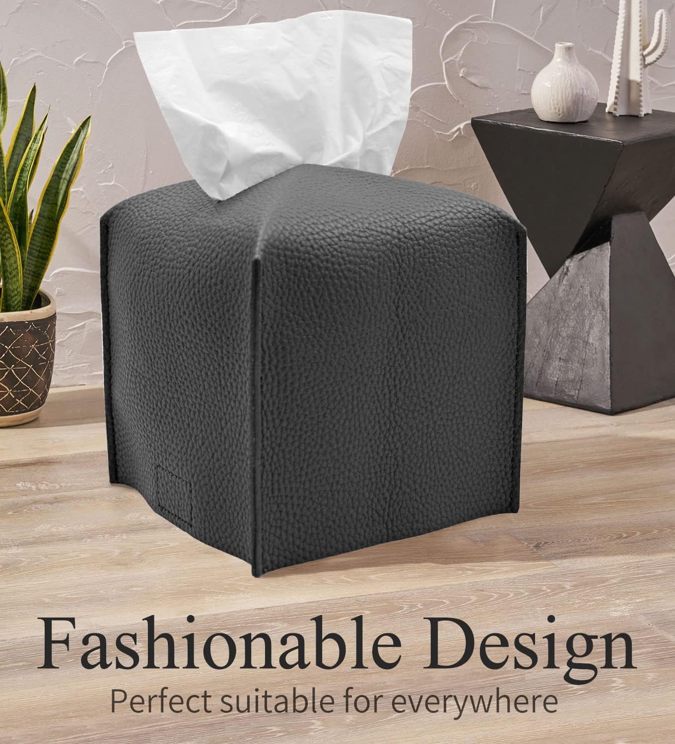 Livelab Tissue Box Cover, Square Decorative PU Leather Tissue Box Holder Modern Tissue Case Facial Paper Organizer Dispenser for Bathroom, Vanity Countertop, Night Stand, Desk, Car 5X5X5'' | Dark Gray