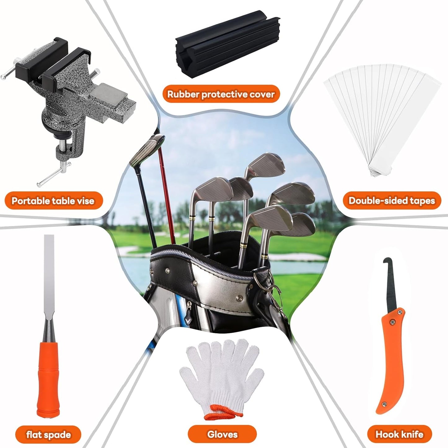 Golf Club Grip Vise Clamp Kit, 360° Swivel Portable Table Vise,Inlcudes 20 Double-Sided Tapes (2"x 10"),Rubber Sleeve, Hook Cutter,Glove,Tape Stripper Remover Tool