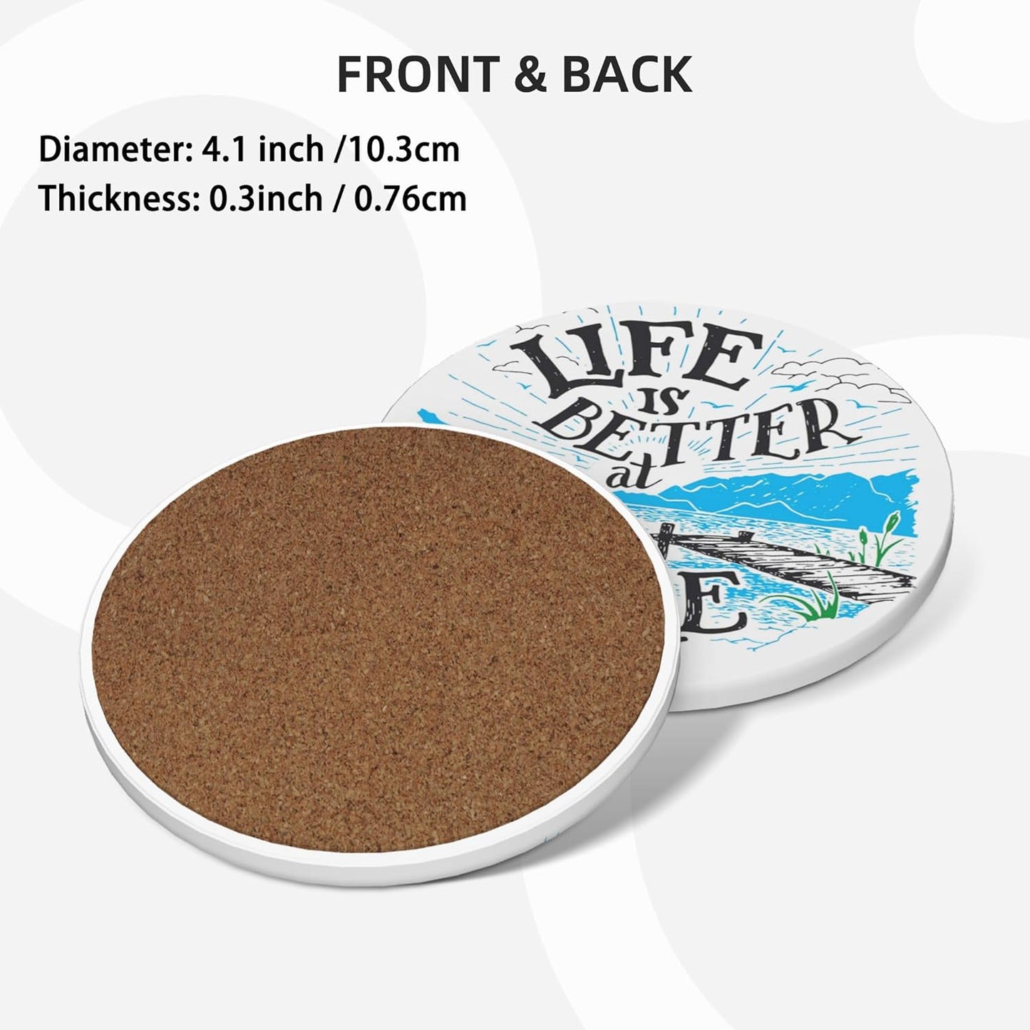 Life is Better Lake Coasters for Drinks Set of 4, Absorbent Ceramic Drink Coasters for Coffee Table Wooden Table Cup Bar, 4 Inches