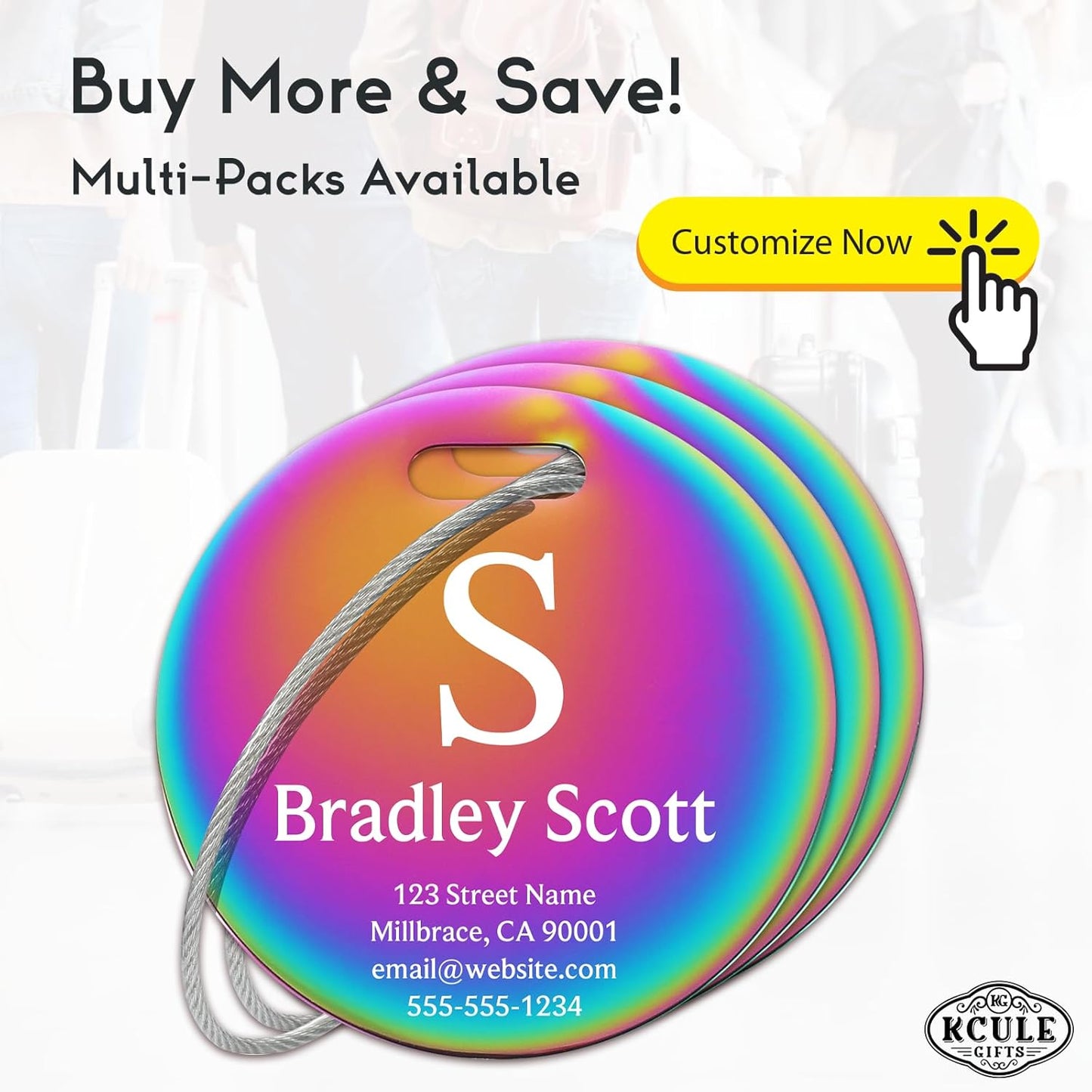 Custom Stainless Steel Luggage Tags: Personalize Your Suitcases, Backpacks, and Bags with Your Text (Rainbow) Elegant Circle-Rainbow