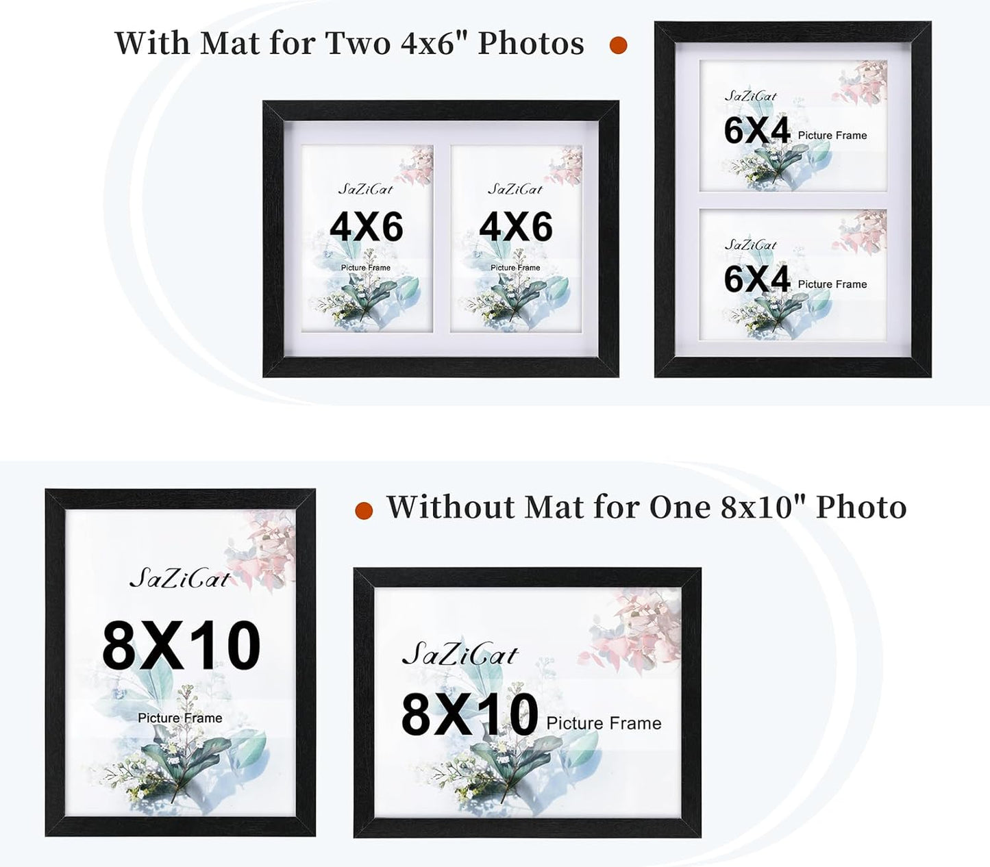 8x10 Pine Wood Collage Picture Frame Double 4x6 Picture Frame with Tempered Glass Fits 1Pc 8x10 Picture or 2Pcs 4x6 Photos With Mat For Tabletop or Gallery Wall Mounted-Rustic Black