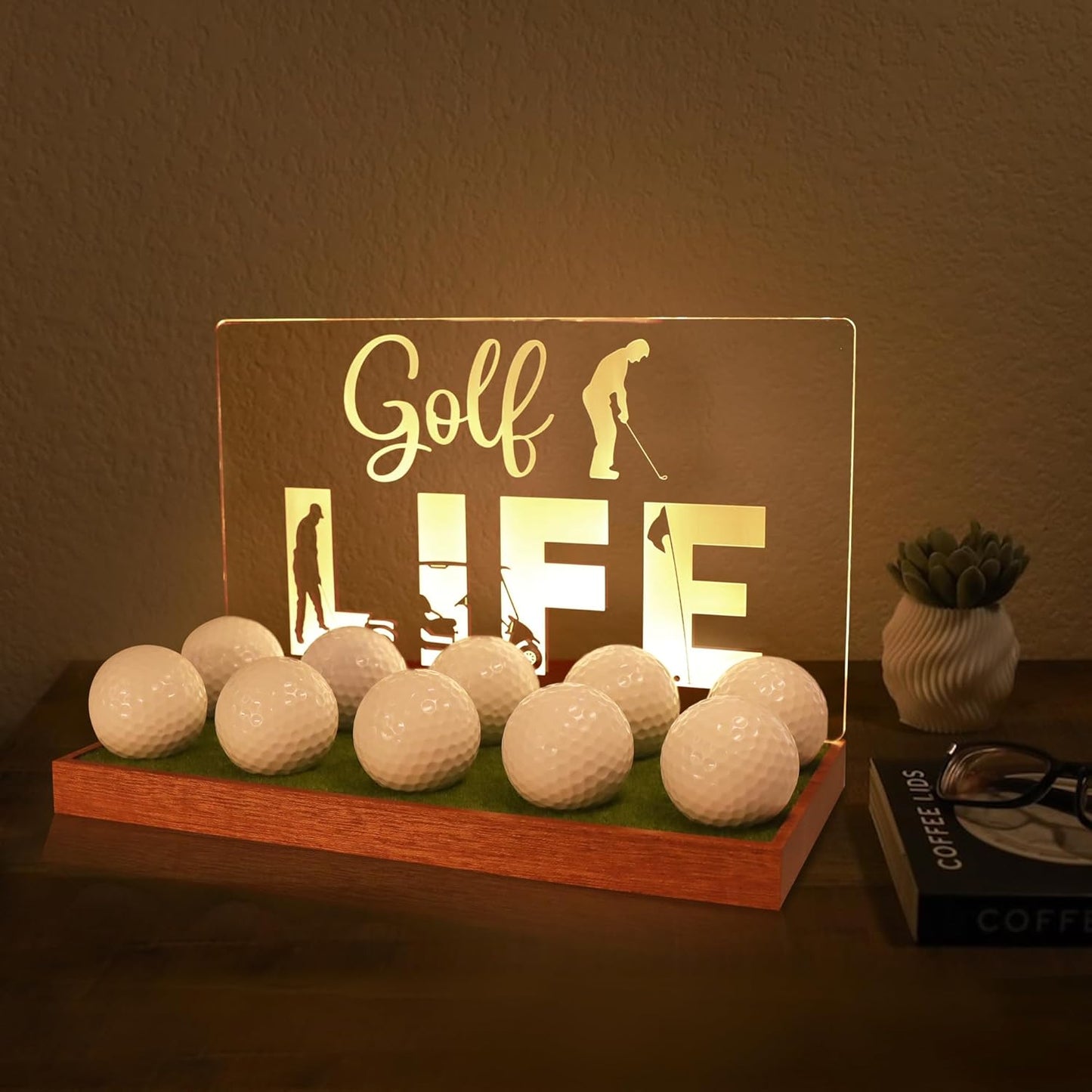 Golf Ball Display Case, CoolGift Mart Light Up Golf Ball Holder for Display and Storage, Wooden Acrylic Accessories with Warm White Color Lights , Room Decor, Gift for Golfers