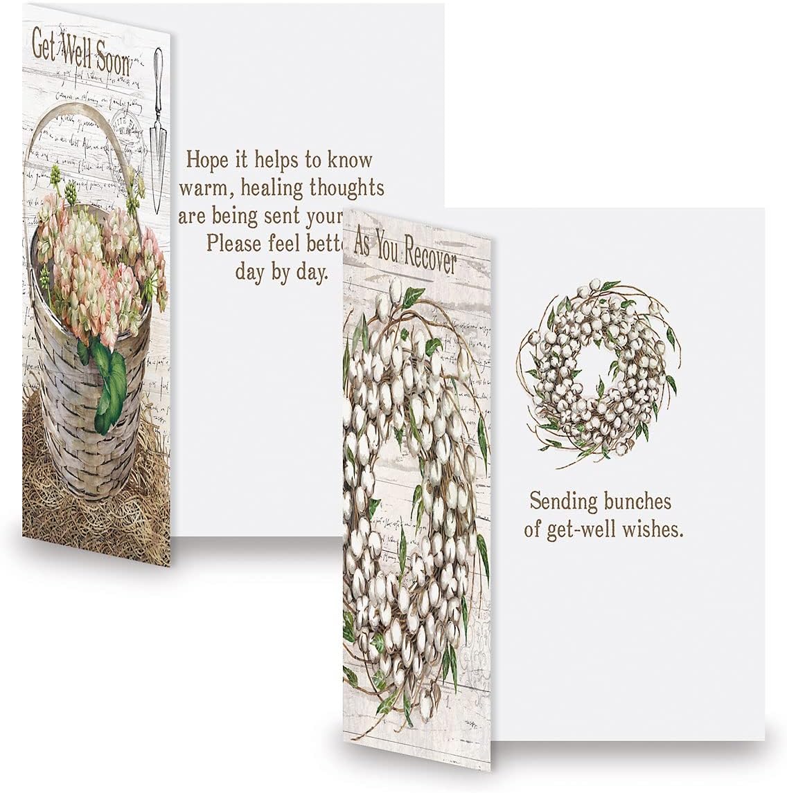 Farmhouse Get Well Greeting Cards - Set of 8 (4 Designs), Large 5" x 7", Sympathy Cards with Sentiments Inside, White Envelopes
