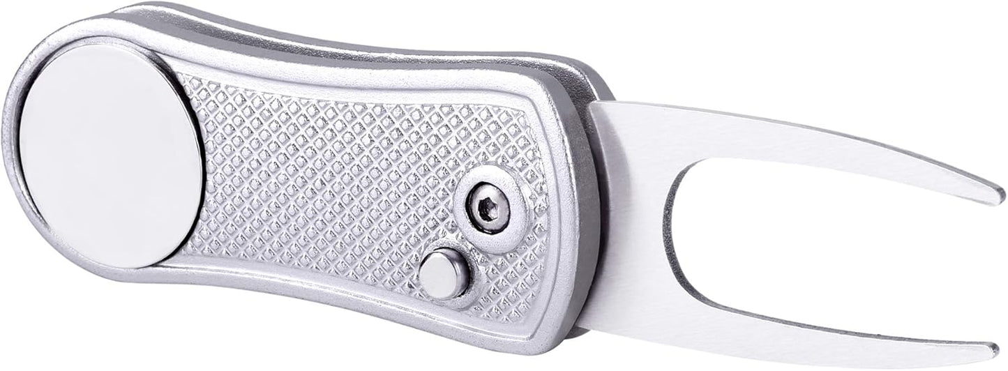 Mile High Life Golf Divot Repair Tool, All Metal Foldable Divot Tool with Pop-up Button & Magnetic Ball Marker