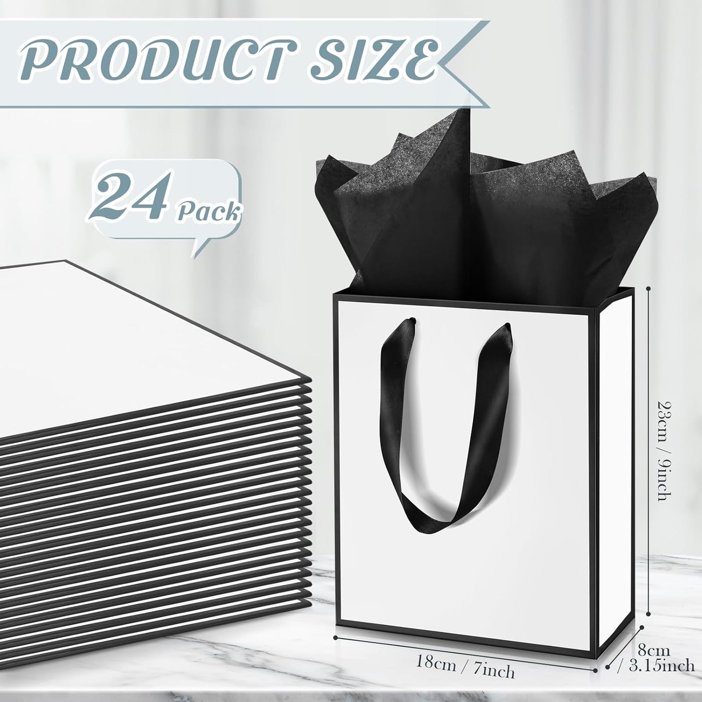 Yeaqee 24 Pack Metallic Paper Gift Bags with Handle and Tissue 9x7x3.1 Gold Foil Welcome Favor Bags Return Gifts for Wedding Fall 5 Senses Christmas Bridesmaid Birthday(White Black)